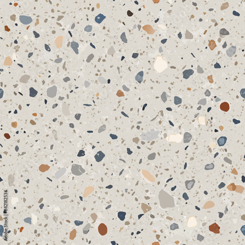 Terrazzo flooring vector seamless pattern. Italian terrazzo mosaic texture. Terrazzo seamless print tile. Concrete, granite, cement terrazo template. Terrazzo Floor material. Particles pebble, glass.