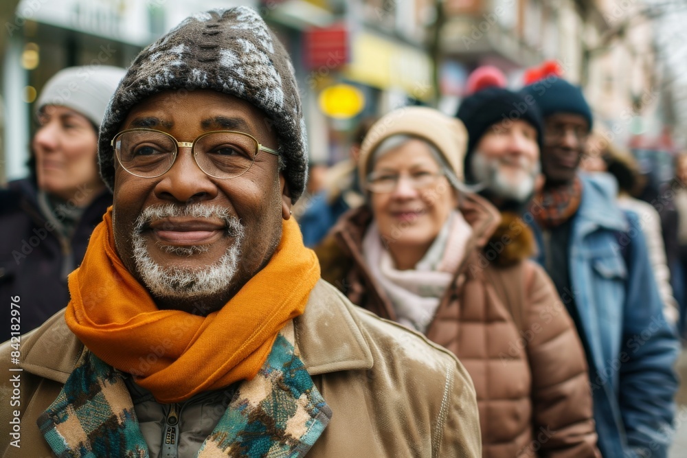 Group of diverse people walking in the street in the city wearing warm clothes Group of diverse people walking in the street in the city wearing warm clothes
