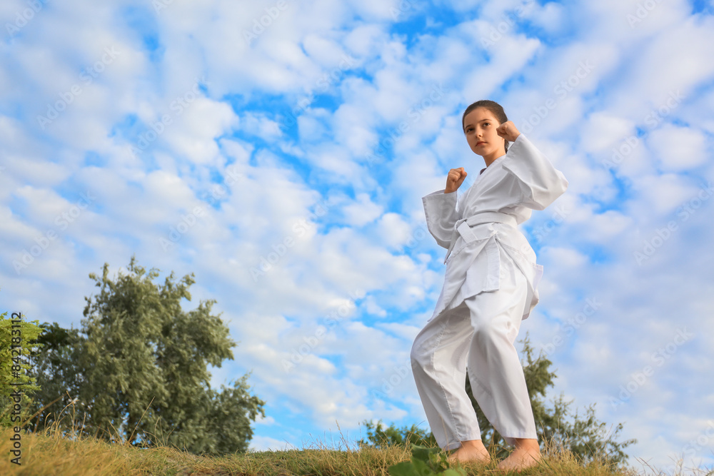 Cute little girl in kimono training karate outdoors Cute little girl in kimono training karate outdoors