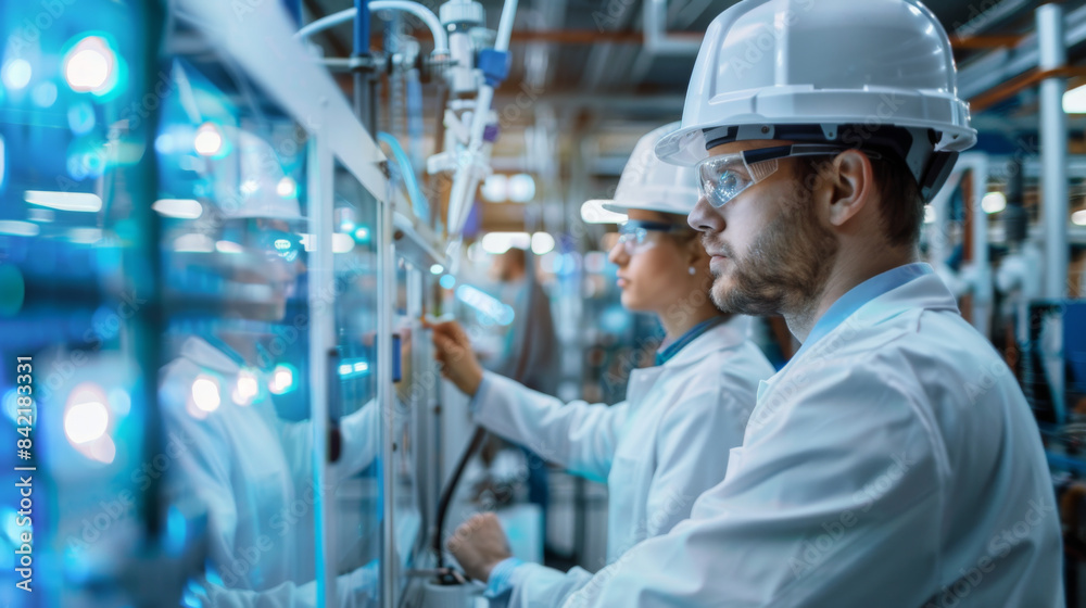 Two men in white lab coats are working on a machine Two men in white lab coats are working on a machine