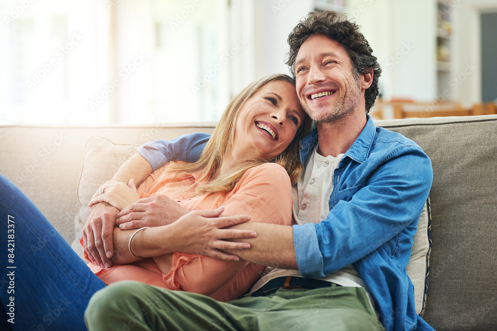 Happy couple, couch and hug in home with love, marriage and romance for man and woman in living room. Sofa, smile or support or solidarity for relationship, relax or trust for commitment and embrace Happy couple, couch and hug in home with love, marriage and romance for man and woman in living room. Sofa, smile or support or solidarity for relationship, relax or trust for commitment and embrace
