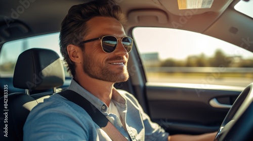 Driving charm charisma: a handsome man behind the wheel of his car - showcasing the sophistication and allure of a man at the helm of his vehicle, exuding poise and power on the open road.