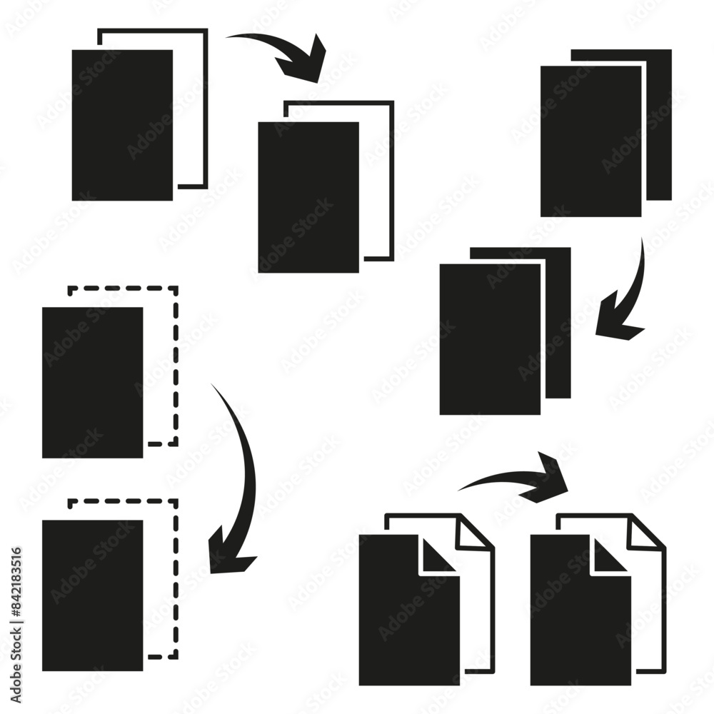 Black document icon. Paper copy arrows. Duplicate vector symbol. Black document icon. Paper copy arrows. Duplicate vector symbol.