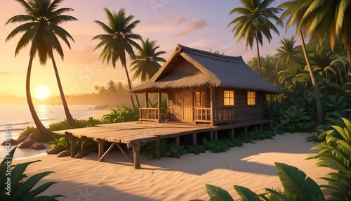 An old wooden hut situated on a secluded beach, surrounded by lush greenery and tall palm trees, with the golden glow of the setting sun casting long shadows. © S8