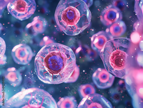 Pink and blue cells are shown in a close up