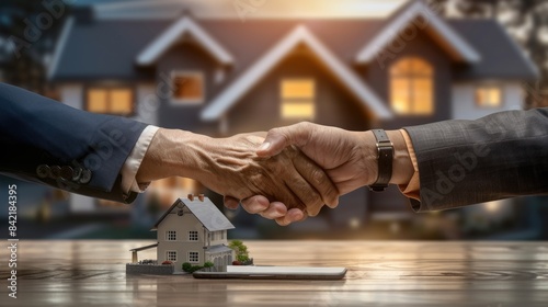 An estate agent shaking hands with a buyer after a successful deal photo