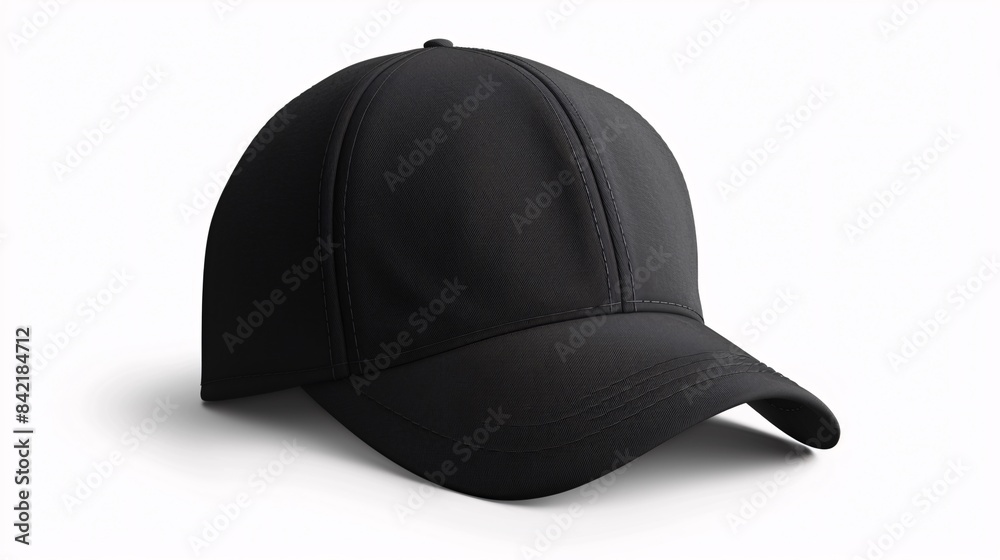 Fototapeta premium black baseball cap mockup front view, png file of isolated cutout object with shadow on white background 