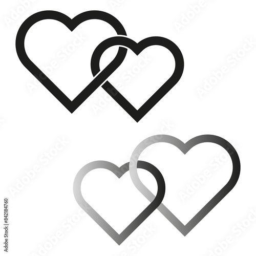 Interlocking hearts icon. Black and gray. Overlapping vector shapes. Love symbol.