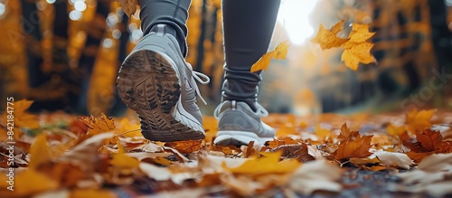 Close up of a woman legs in sportswear walking on the street with autumn leaves lying around.