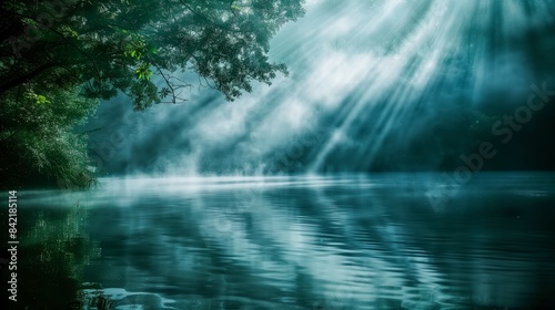 Sunbeams Penetrating Lush Green Forest Canopy Illuminating Misty Lake Creating a Tranquil and Serene Scene