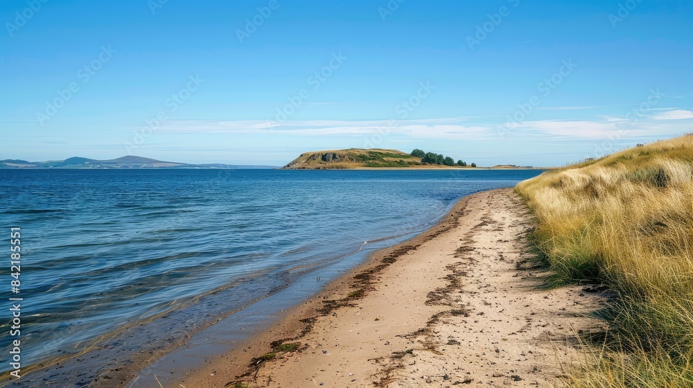 A vast sandy shoreline overlooking the sea with an island in the distance under a clear blue sky A vast sandy shoreline overlooking the sea with an island in the distance under a clear blue sky