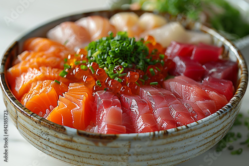 Vibrant Ebi Sashimi Mix on Steamed Rice Bowl - Gourmet Japanese Cuisine