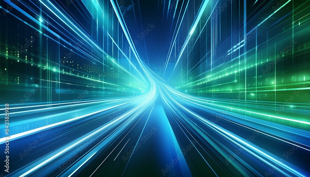 Abstract futuristic background, blending high-speed light trails with a technological essence, in cool tones of blue and green Abstract futuristic background, blending high-speed light trails with a technological essence, in cool tones of blue and green