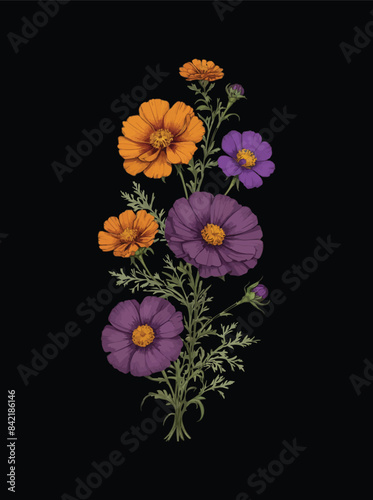 Marigolds and purple cosmos flowers with ornamental and curved branches arranged in a neat and simple way