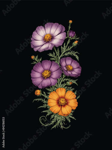 Marigolds and purple cosmos flowers with ornamental and curved branches arranged in a neat and simple way