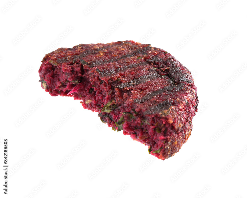 Half of tasty beetroot cutlet isolated on white. Vegetarian product Half of tasty beetroot cutlet isolated on white. Vegetarian product