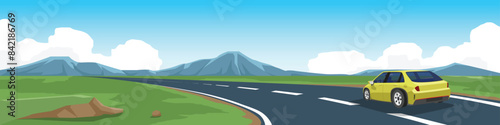 Cartoon Vector or Illustration of a yellow car on the road. Luxury cars driving on curved asphalt roads with driving. Green open fields and mountain under blue sky for background.