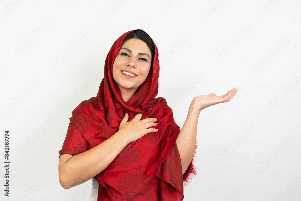 Portrait of a woman with a red scarf in the studio Portrait of a woman with a red scarf in the studio