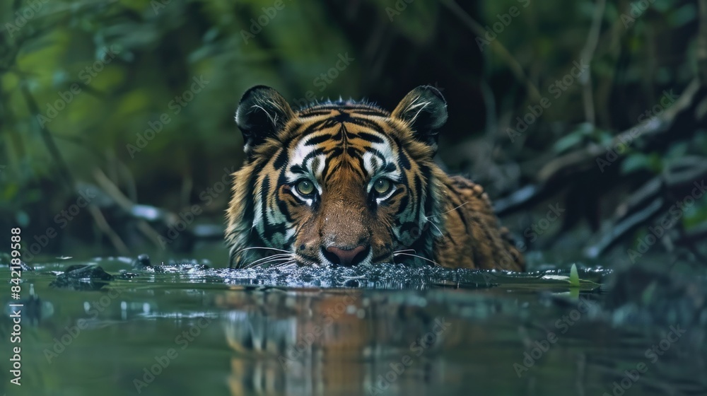 Fototapeta premium A tiger is running through a river, splashing water everywhere