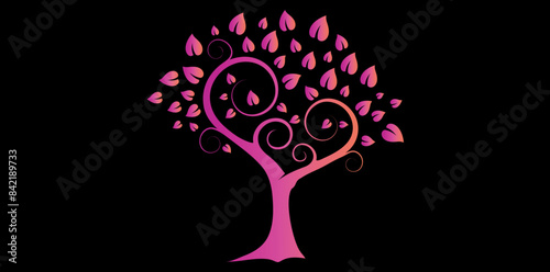 Hand Drawn Gradient Tree On Black Background, Tree Logo Design Vector Illustration.
