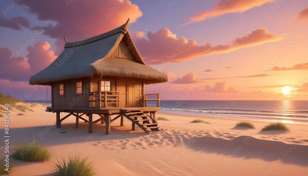 A traditional wooden hut on a deserted beach, with a thatched roof and simple architecture, set against the backdrop of a colorful sunset and rolling dunes. A traditional wooden hut on a deserted beach, with a thatched roof and simple architecture, set against the backdrop of a colorful sunset and rolling dunes.