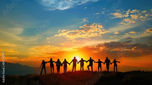 A group of diverse people holding hands and standing together at sunset. AIG535 © Summit Art Creations