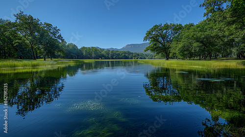 Vibrant Reflections on Serene Lakeside Waters, Conservation Oasis