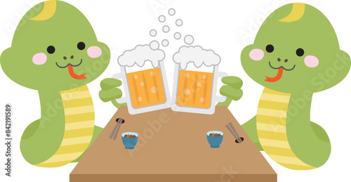 忘年会、新年会などの宴会でビールで乾杯する二匹の蛇