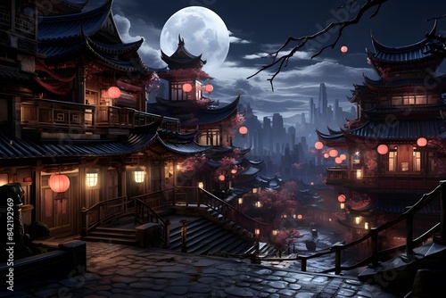 Night view of ancient Chinese architecture with a full moon in the background © Michelle