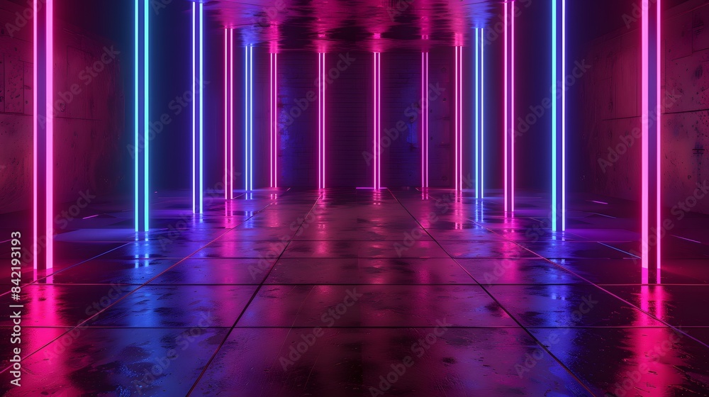 3D Rendering. Geometric figure in neon light against a dark tunnel. Laser glow. 3D Rendering. Geometric figure in neon light against a dark tunnel. Laser glow.
