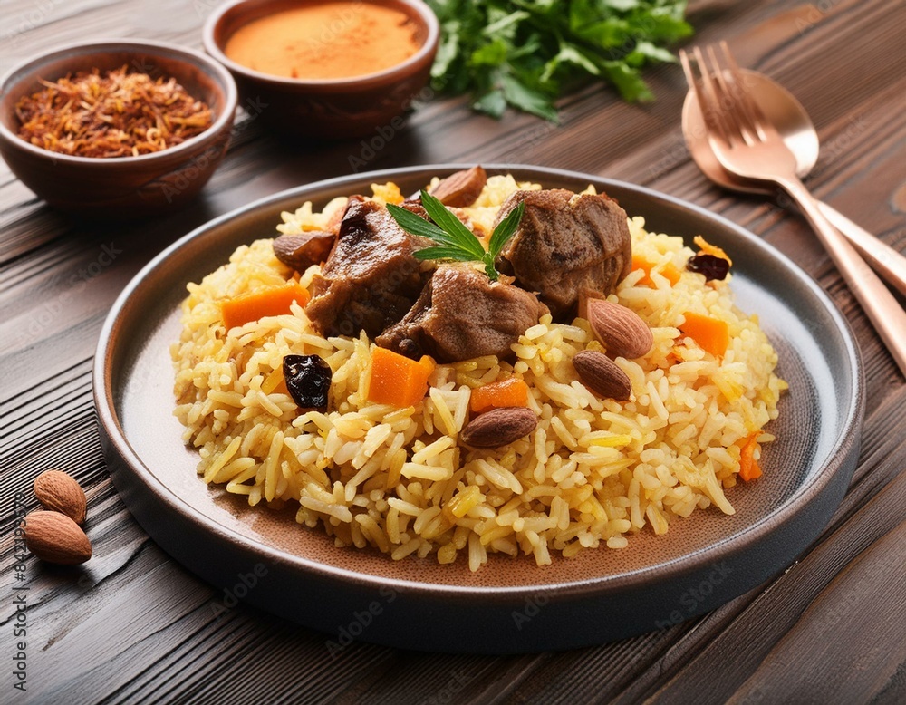 Afghan national dish Kabuli Pulao rice pilaf with lamb and raisin, carrot, nut, spices closeup on the plate on the wooden table. Afghan national dish Kabuli Pulao rice pilaf with lamb and raisin, carrot, nut, spices closeup on the plate on the wooden table.