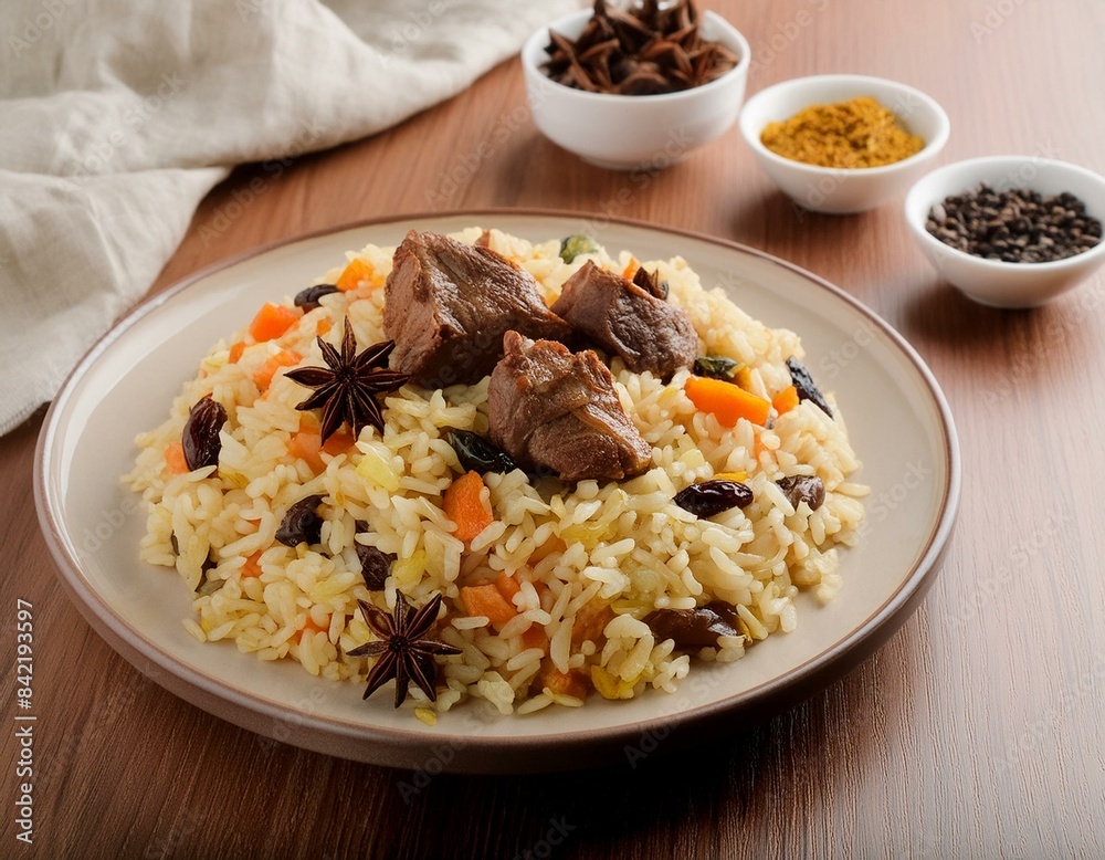 Afghan national dish Kabuli Pulao rice pilaf with lamb and raisin, carrot, nut, spices closeup on the plate on the wooden table. Afghan national dish Kabuli Pulao rice pilaf with lamb and raisin, carrot, nut, spices closeup on the plate on the wooden table.