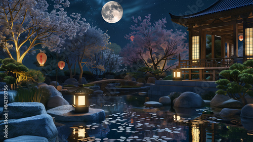 Wallpaper Mural 満月の夜の日本庭園 Torontodigital.ca