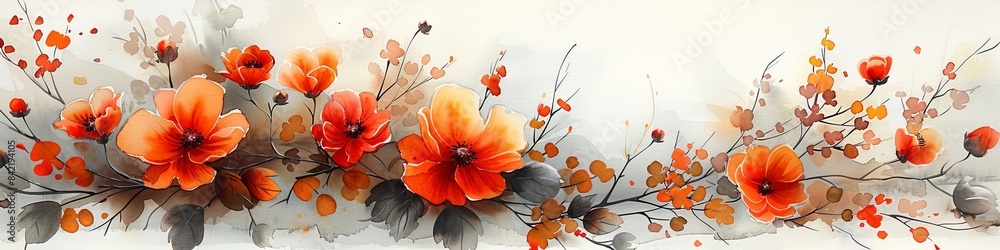 Autumn colored flowers and leaves on a white background. 
