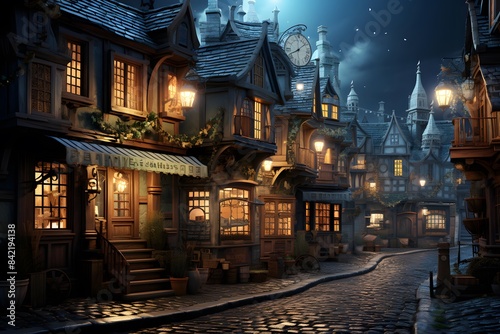 Digital Illustration of a Fairy Tale Village at Night with Illuminated Houses
