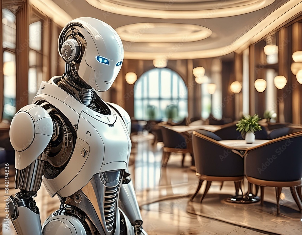 Naklejka premium AI robot ready to assist in a modern hotel lobby. Shallow field of view.