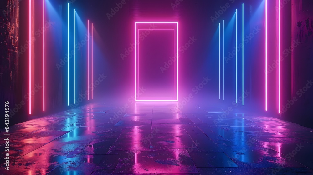 3D Rendering. Geometric figure in neon light against a dark tunnel. Laser glow. 3D Rendering. Geometric figure in neon light against a dark tunnel. Laser glow.