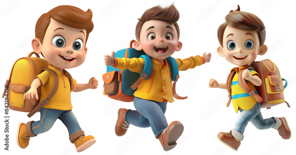 set of cute boys as student carrying bag going to school. 3D cartoon animation style