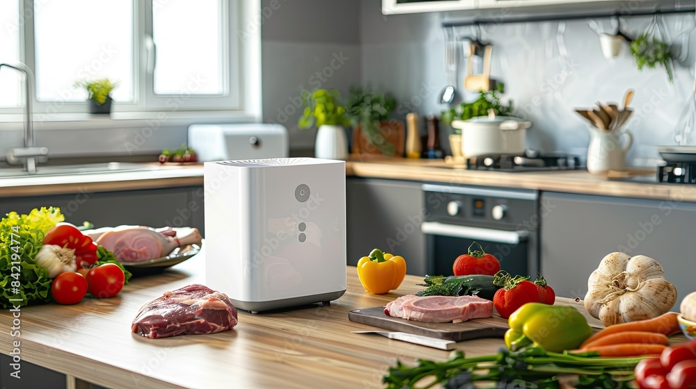 Clean air purifier with fresh vegetables and meat around it, colorful kitchen decor Clean air purifier with fresh vegetables and meat around it, colorful kitchen decor