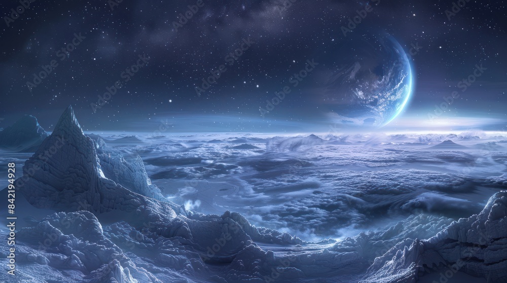 A starry night sky above a distant planet, showcasing the serenity and vastness of space. A starry night sky above a distant planet, showcasing the serenity and vastness of space.