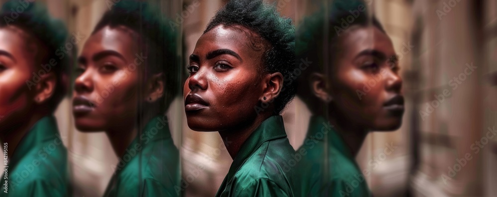 Fototapeta premium Portrait of a person with short hair in green clothing reflecting in mirrored surfaces, creating a unique visual effect in an outdoor setting