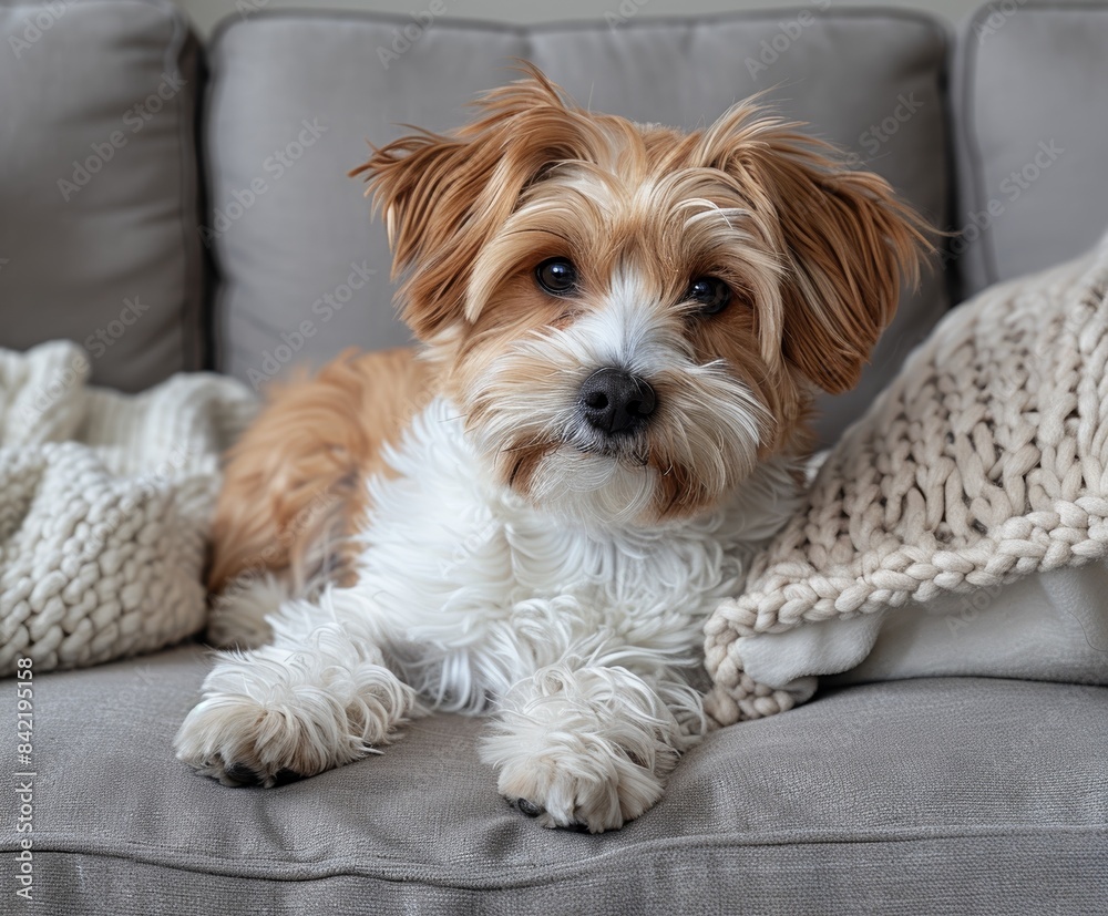The adorable small dog with brown and white fur is comfortably lying on a cozy grey couch, surrounded by knit blankets The adorable small dog with brown and white fur is comfortably lying on a cozy grey couch, surrounded by knit blankets