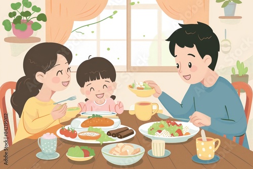 a family, father, mother and child are having dinner together at the dining table