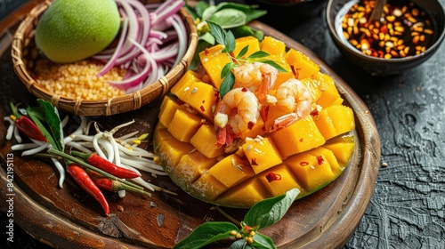 Freshly peeled and sliced raw mango on a wooden platter, with sugar sauce featuring dried shrimp, shallots, and chili