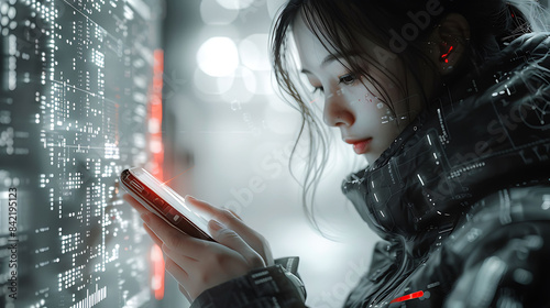 image of person using her cell phone against electronic device style of multilayered figure clear edge definition codebased creation money themed dark white gray precision engineering soft dreamy photo