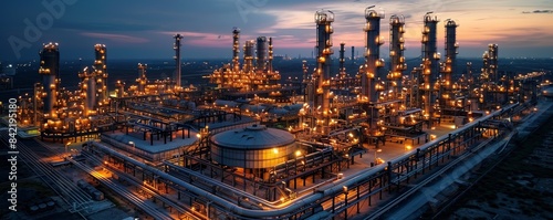 Aerial view of a brightly illuminated industrial refinery complex at dusk, showcasing towering structures and interconnected pipelines against a twilight sky