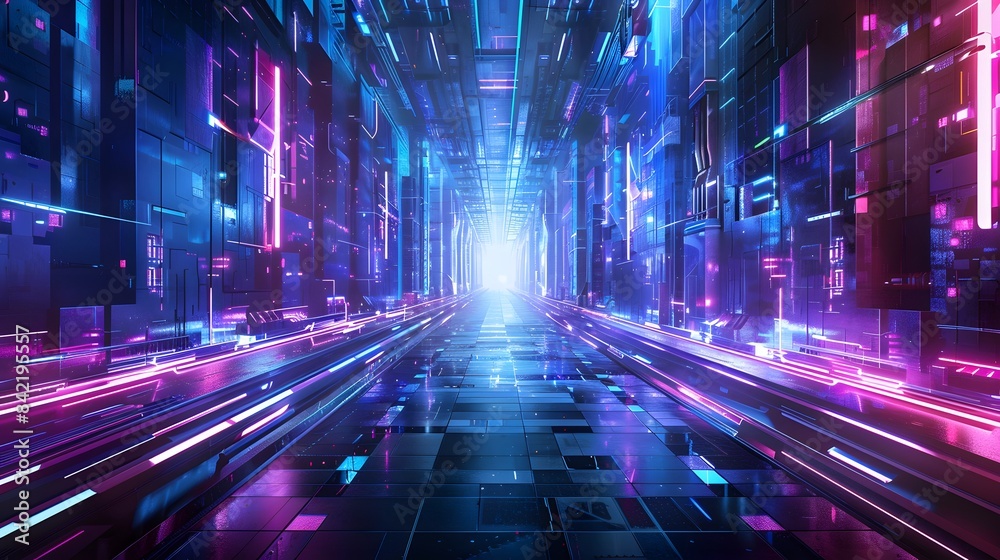 3D Rendering. Geometric figure in neon light against a dark tunnel. Laser glow. 3D Rendering. Geometric figure in neon light against a dark tunnel. Laser glow.