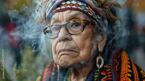 Elderly Woman with Glasses and Traditional Attire Surrounded by Smoke