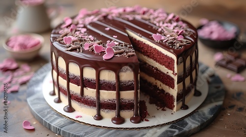 luxurious Valentine's Day cake with champagneinfused layers and chocolate ganache drip cut out on an isolated simple minimalist background photo