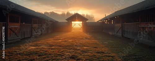 Beautiful rustic barnyard at sunrise, featuring a glowing golden sunrise illuminating the rustic wooden barns and casting long shadows across the misty, dewy grass